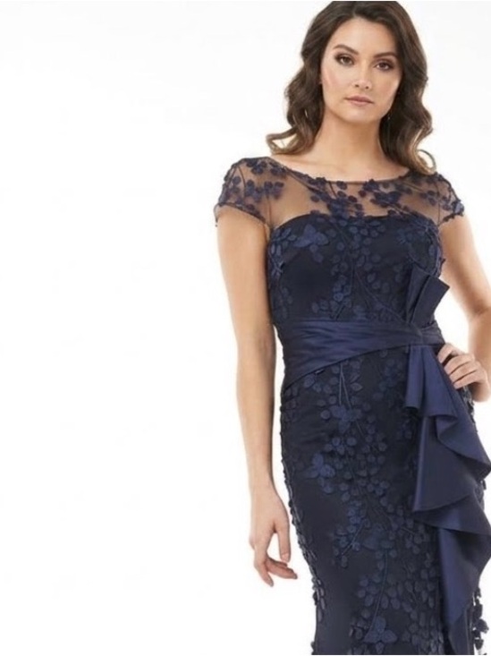 Carmen Marc Valvo Dresses & Skirts - Carmen Marc Valvo Navy Midi Dress with Sheer Yoke and Petal Details